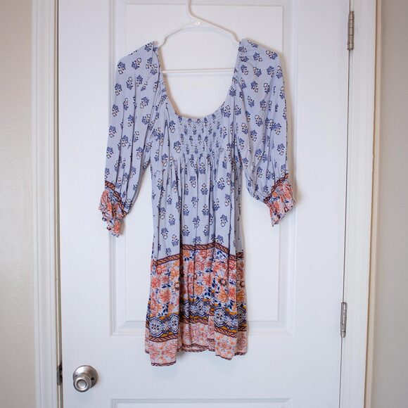 Boho Peasant Mini Dress Empire Waist Floral Print Stretch Festival L True Spring - Picture 7 of 7